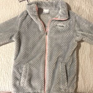 Columbia brand size 14/16 girls gray fleece Sherpa  jacket, pink trim